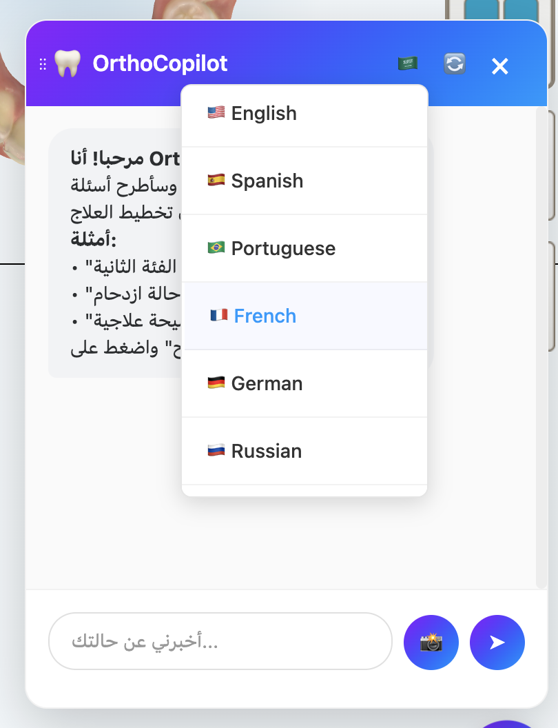OrthoMind multi-language interface showing support for English, Spanish, Portuguese, French, German, Russian and Arabic